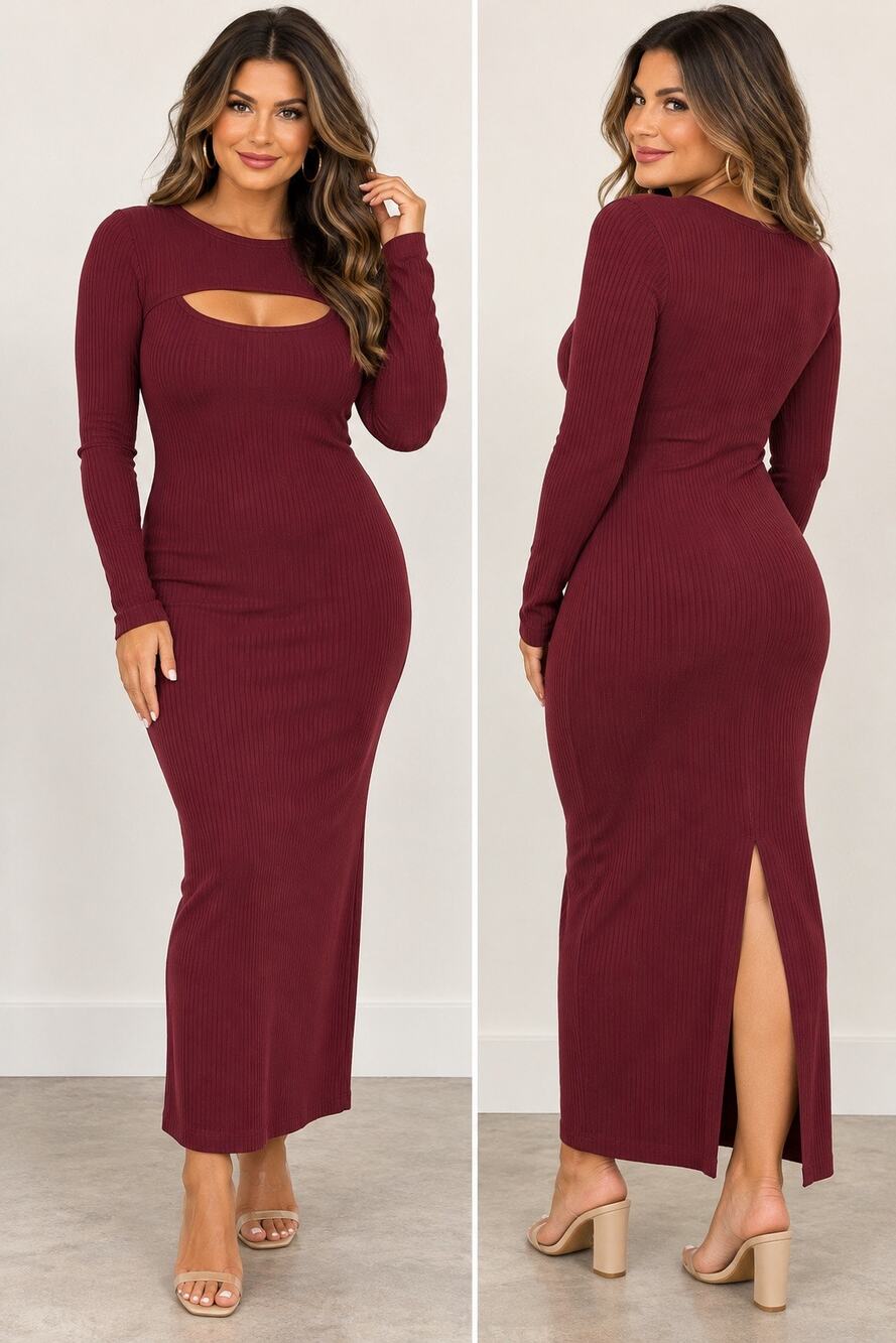 Edited by Remi Bader Cutout Maxi Dress Size L Burgundy Ribbed Bodycon NWT